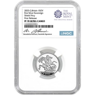 2025 Proof Great Britain First Silver Sovereign Coin w/ Shield Privy Mark NGC PF70 UC FR Royal Mint Label Benedetto Pistrucci Facsimile Signature