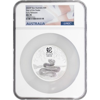 2025 P $8 Australia 5oz Silver Year of the Snake NGC MS70 ER Australia Flag Label