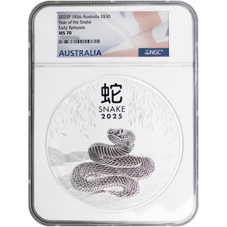 2025 P $20 Australia Kilo Silver Year of the Snake NGC MS70 ER Australia Flag Label