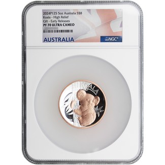 2024 P125 $8 Proof Australia 5oz Rose Gilded Silver High Relief Koala NGC PF70 UC ER Australia Flag Label