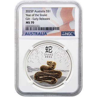 2025 $1 Australia 1oz Gilded Silver Year of the Snake NGC MS70 ER Australia Flag Label