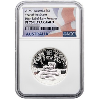 2025 $1 Proof Australia Lunar Series III 1oz Silver High Relief Year of the Snake NGC PF70 UC ER Australia Flag Label