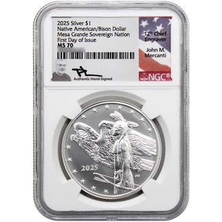 2025 $1 Mesa Grande Sovereign Nation 1oz Silver Native American/Bison Dollar NGC MS70 FDI  John Mercanti Signed Label