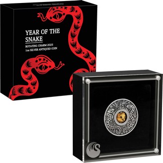 2025 Australia 1oz Antiqued Silver Year of the Snake w/ Rotating Charm Coin OGP