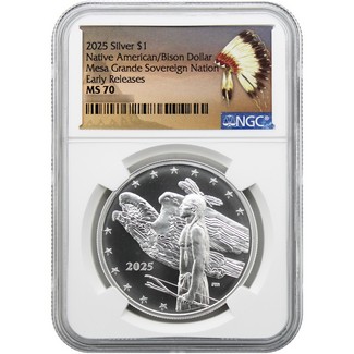 2025 $1 Mesa Grande Sovereign Nation 1oz Silver Native American/Bison Dollar NGC MS70 ER Native American Label