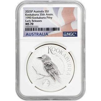 2025 P $1 Australia 1oz Silver Kookaburra 35th Anniversary 1990 Kookaburra Privy NGC MS70 ER Australia Flag Label