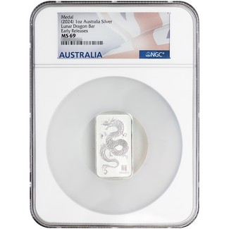 (2024) Australia 1oz Silver Lunar Dragon Bar NGC MS69 ER Australia Flag Label