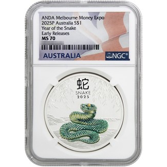 2025 Australia Lunar 1oz Green Colorized Silver 2025 Year of the Snake Coin NGC MS70 ER Australia Flag Label Melbourne Money Expo ANDA Special