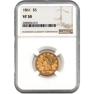 1861 $5 Gold Liberty VF-XF Civil War Date