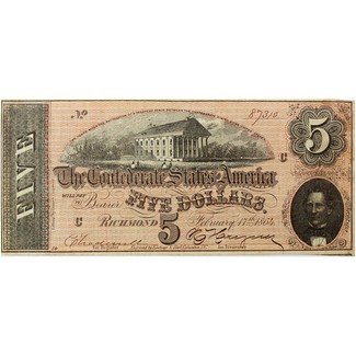 1864 $5 Confederate Currency Note Average Circulated Condition