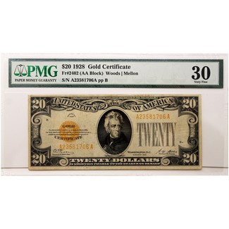 1928 $20 United States Gold Certificate PMG 30