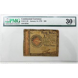 1779 $20 Continental Currency PMG 30 Net (Tear, Previously Mounted)