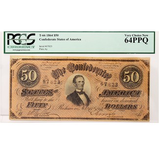 1864 $50 Confederate States of America Note PCGS 64 PPQ