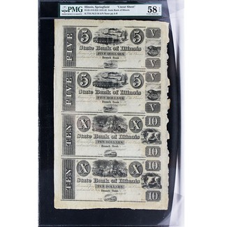 1835-1843 Uncut Sheet ($5,5,10,10) PMG 58 EPQ (Springfield, IL)
