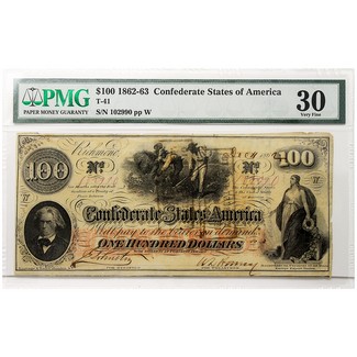 1862-63 $100 Confederate States of America Note PMG 30 (T-40)