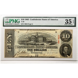 1863 $10 Confederate States of America Note PMG 35 EPQ