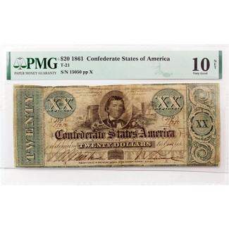 1861 $20 Confederate States of America PMG VG-10 Net (Severed & Reattached)