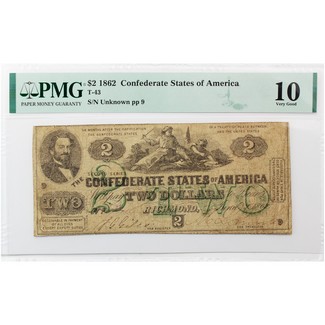 1862 $2 Confederate States of America Note PMG 10 (T-43)