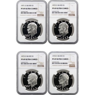 1971-1974 S Silver Proof Ike Dollars NGC PF69 Ultra Cameo Brown Labels