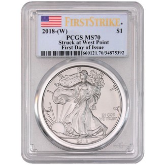 2018 (W) Silver Eagle Struck at West Point PCGS MS70 First Strike FDOI Flag Label - pop 300