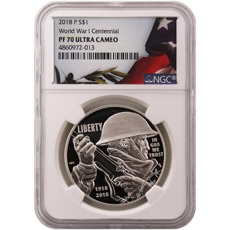 2018 P World War 1 Centennial Silver Dollar Coin NGC PF70 UC Flag/OBP Label