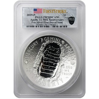 2019 P $1 Silver 5 oz Apollo 11 50th Anniversary PCGS PR70 DCAM First Strike First Day of Issue Moon