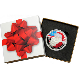 2021 Merry Christmas Patriotic Santa Claus & Animals 1oz .999 Silver Medallion Enameled in Gift Box