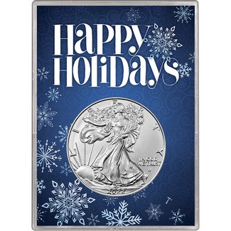 2022 Silver American Eagle BU in Blue Happy Holidays Gift Holder