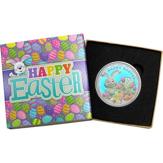 2025 Happy Easter Bunny Rabbit & Basket .999 1oz Silver Medallion Enameled in Gift Box