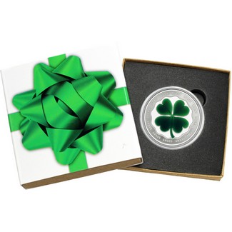 Lucky Four Leaf Clover 1oz .999 Silver Medallion Enameled in Gift Box